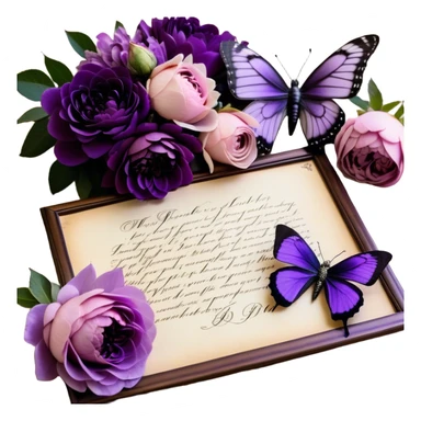 An antique love letter bundle, bound delicately with a purple silk ribbon, rests beside an arrangement of dried blush violet roses, lilac peonies, and soft purple dahlias, while a silver butterfly brooch adorned with pearls seems to pause, captivated by the deep violet inked calligraphy flowing across the aged parchment. sticker
