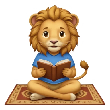 Happy lion reading on a carpet with blue and yellow shirt on sticker