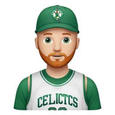 Bald white man with ginger beard and blue eyes in Jason Tatum jersey Boston Celtics jersey over tshirt with Boston Celtics basketball logo on cap sticker