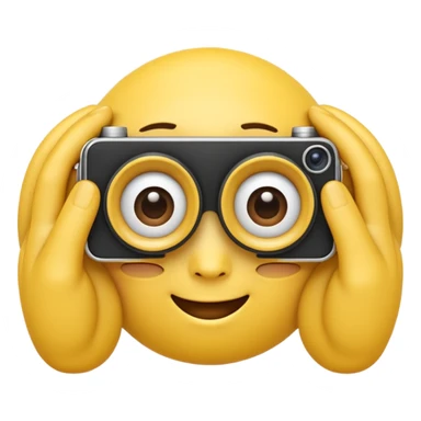 A 3D Apple-style yellow emoji character, classic round shape, using both hands to form a rectangular “camera frame” in front of its face, fingers extended and slightly curved, focused expression with raised eyebrows, cartoonish eyes looking through the frame, clean minimal background sticker