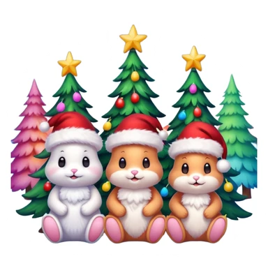 Different colored Christmas Bunnies with Santa hats sitting by brightly lit glowing colorful Christmas trees and candy canes 🎁  sticker