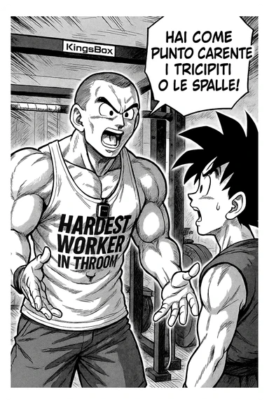 Personal trainer che dice al suo allievo, "hai come punto carente i tricipiti o le spalle!" Stile manga di Dragon Ball sticker