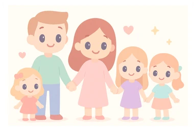 a warm illustration style family with dad, mom, and three daughters, all holding hands sticker