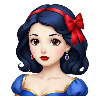 Cinematic Stunning Snow White Portrait Emoji, Fair skin glowing like porcelain, ruby-red lips, deep brown eyes full of kindness, raven hair framed by her iconic red bow, wearing her royal blue and gold gown, exuding timeless beauty and grace! sticker