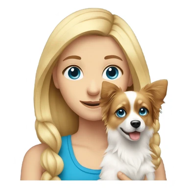 blonde girl with blue eyes holds a papillon dog in her arms sticker
