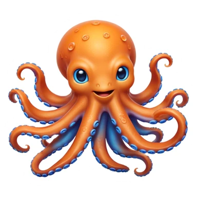 Cinematic Noble smiling Octopus Portrait Emoji, Poised and enchanting, with a light orange body adorned with vibrant blue rings and eight delightfully curling arms with gentle suckers, large sparkling eyes exuding warmth and playfulness, Simplified yet charmingly expressive features, highly detailed, glowing with a soft, magical underwater radiance, high shine, intelligent and irresistibly cute, stylized with an air of whimsical marine enchantment, focused and fluid, soft glowing outline, capturing the essence of a watchful and endearing octopus that appears ready to float out of the screen with delightful charm! sticker