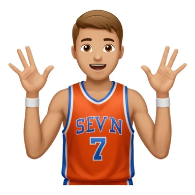 Maverick Trevillian in the crowd at an amateur basketball game. He leans towards the camera and enthusiastically shouts "six seven while performing a distinctive hand gesture: both hands open, palms facing upward, moving up and down as if weighing two options. sticker