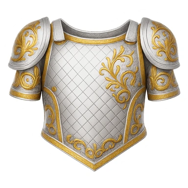 Recolor this armor to a very light metallic silver color with ornate gold engravings. Emphasize a bright, reflective silver finish and detailed gold engravings. Transparent background. sticker