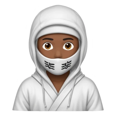 All white ninja robe with white ski mask to cover face and neck with a hoodie on and dark brown skin color sticker