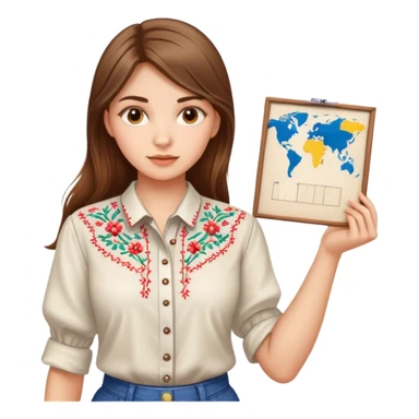 A Ukrainian girl with brown hair in an embroidered shirt holds a diagram sticker