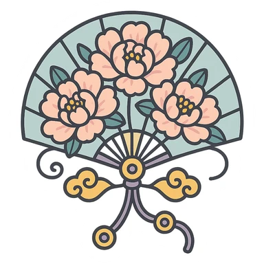 Chinese fan with peonies, curved cords and decorative elements, high detail, complex shadows and highlights, thin clean outlines, soft rounded shapes, pastel palette #98B5BC, #B5B3C1, #C9A3C9, #E4C0CA, #F7DCD1, #F7C0AA, modern Japanese pop art and sticker aesthetic, soft lighting, transparent background sticker