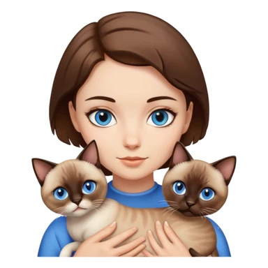 a white girl with brown short hair and brown eyes holding a siamese cat with blue eyes sticker