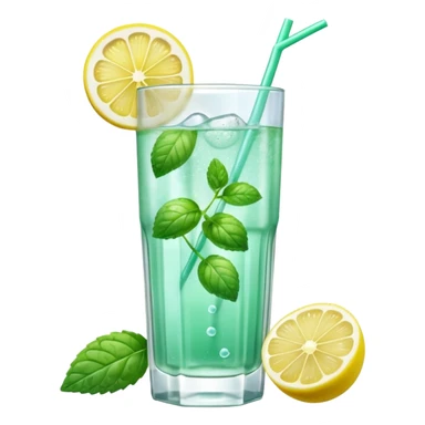 A 3D cartoon transparent glass with sparkling lemon mint drink, bubbles, mint leaves and lemon slice, clear ice, realistic condensation, Memoji-style detail. sticker