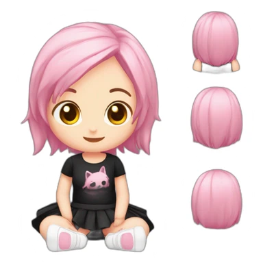 Full body Front view curvy emo girl pink hair sits on the floor straight view hands up black skirt белые трусики полосатые рваные чулки sticker