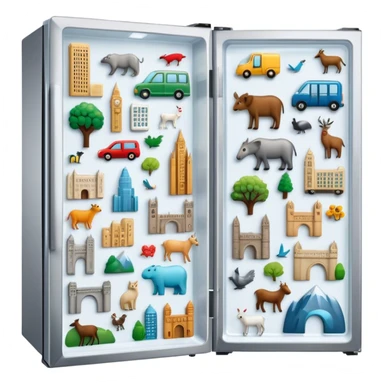 Icon for Magnet Collecting: a close-up of a fridge door covered with a variety of magnets, featuring cities, animals, symbols. The icon should highlight the diversity and charm of magnet collections. Transparent background. sticker