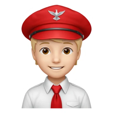A Soviet pioneer emoji — smiling young boy wearing a white shirt with a bright red pioneer necktie and a classic red pilotka cap. The pilotka cap should fit closely to the head, without brims or side flaps, slightly folded at the top. not a cowboy hat. Flat, smooth 3D shading sticker