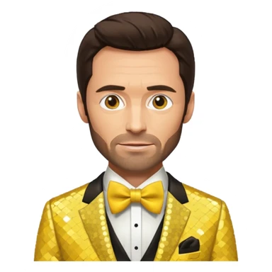 Hugh Jackman with dark brown hair, yellow sequin suit with bow tie sticker