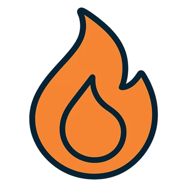 abstract flame shape with bold blue outline, geometric style icon sticker