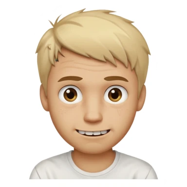 Male with short, messy blonde hair, large expressive golden-brown eyes, light brown skin, subtle facial bruises and scratches, crooked smile showing slightly damaged teeth, wearing a plain white t-shirt, friendly but creepy expression.
 sticker