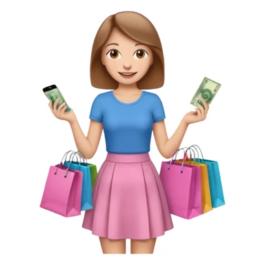 Девушка со светлыми русыми волосами счастливая в розовой юбке с пакетами из магазинов с одеждой в руках и деньгами  sticker