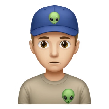 trust no one Mulder from the x-files looking very very worried wearing a t-shirt and a baseball cap with a picture of an alien sticker