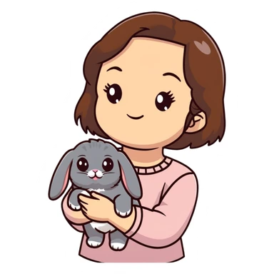 brunette chinita girl holding a brown holland lop rabbit, gray persian cat, and black kitten sticker
