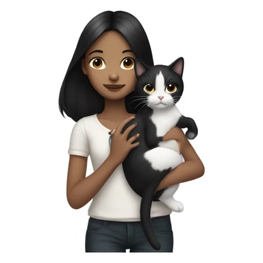 girl with black hair holding a black and white cat sticker