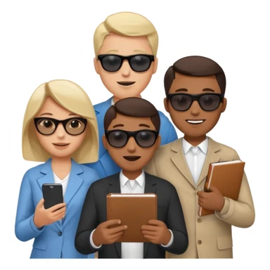 Команда в костюмах из трёх человек. на переднем палне Мужчина впереди общается по смартфону, дальше женщина слева стоит с ноубуком, мужчина справа держит бумаги. У всех людей разные, но позитивные эмоции. Все троя в солнцезащитных очках sticker