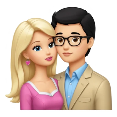 pretty light blonde girl barbie kissing boy nerd with black hair and tan skin on the cheek sticker