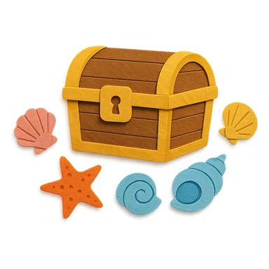 closed treasure chest with a lock, surrounded by seashells and starfish in paper-craft style sticker