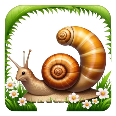 Close-up of large home snails inside a terrarium, showcasing their soft, spiral shells and glistening bodies, with a gentle light highlighting their details. With stones and grass and flowers. Transparent background. sticker