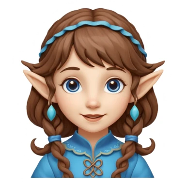 Kind happy whimsical quirky Girl toymaker, wood carving elf. Woodland creator. Blue eyes. brown hair (just below chin length) wavy hair & bangs. Whimsical playful cute sticker