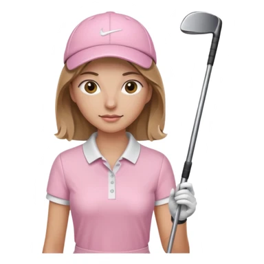 person with medium length bronde hair, light pink outfit, and golf club sticker