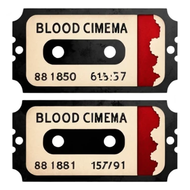 Minimalist emoji-style sticker of an old torn cinema ticket, blood-stained edges and burn holes, grayscale paper

 sticker