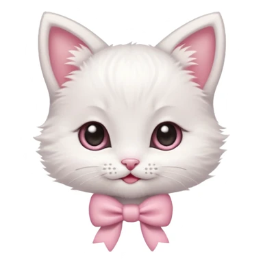 A tiny white kitten with innocent eyes, rosy pink cheeks, and an adorable smile, sporting a dainty pink bow on its head sticker