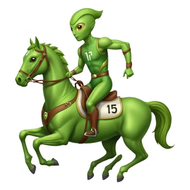 alien riding horse wearing racing cloth with number 15 sticker