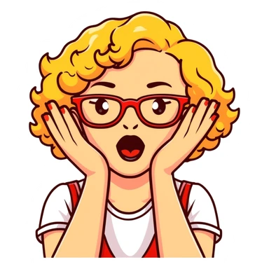 Blonde woman with short curly hair, slightly overweight, wearing red-framed glasses, shouting with hands on both sides of her mouth sticker