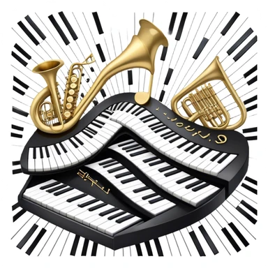 Create a detailed and elegant emoji collage representing keyboard instruments in a celebratory and professional style, reminiscent of a coat of arms. The design should feature a central arrangement of black and white piano keys, forming a symmetrical, powerful image. Around the keys, include a flowing ribbon of musical notes that intertwines with the keys, creating a sense of movement and harmony. Use gold and silver accents to highlight the keys and musical notes, giving the design a festive, high-quality appearance. The design should convey professionalism, elegance, and a sense of occasion. Add subtle reflections on the piano keys to enhance the polished look. The background should be transparent. sticker