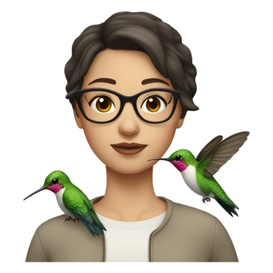 Girl pale , brunette, with short hair, wearing glasses with a hummingbird next to her sticker