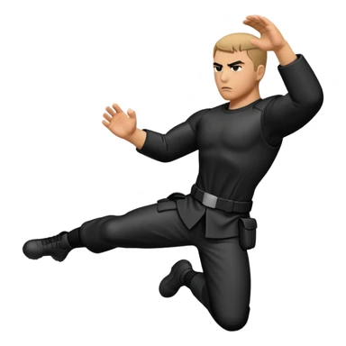 A tactical Krav Maga figure in black uniform, blocking an attack with a defensive arm motion, serious expression, symbolizing real-world combat, minimal but strong design sticker