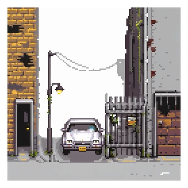 Pixel art back alley, graffiti walls, broken fence, flickering street light, abandoned car, urban decay, vertical composition, 9:16, Sega style 2D fighter background
 sticker
