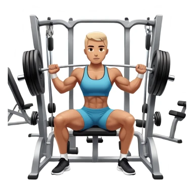 A focused athlete working out on a strength training machine in a modern gym. Muscles engaged, expression determined, demonstrating power and endurance. The gym is filled with equipment like dumbbells, barbells, and mirrors reflecting effort, creating a high-energy atmosphere. sticker