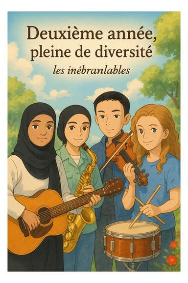 Create a warm and inviting cover in the Ghibli style featuring 4 students, each holding a different musical instrument: guitar, saxophone, violin, and drums. The composition should be dynamic with vivid colors and a welcoming background. Include the title 'Deuxième année, pleine de diversité' and the group name 'les inébranlables' prominently in the design. sticker