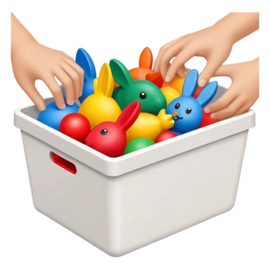 hands placing colorful toys into a storage bin, simple and friendly sticker