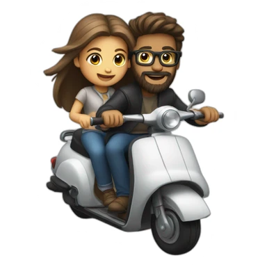 Boy with long hair, beard, and glasses, riding a black scooter with a girl on the back sticker