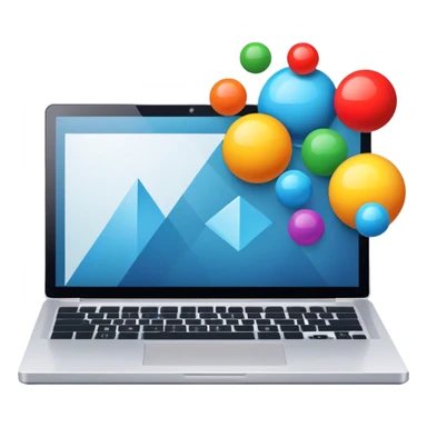 Professional icon for Graphic Design: a laptop with Photoshop open on the screen, displaying geometric shapes like spheres, cubes, and pyramids, along with a stylus. The icon should reflect the creative process in graphic design. Transparent background. sticker