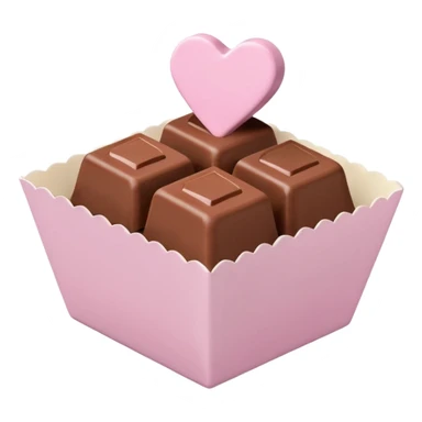Two square milk chocolate , Each praline is a sharp-edged cube with smooth glossy chocolate coating, placed in a small white fluted paper candy cup. On top of each cube is a flat pastel pink heart-shaped icing sticker
