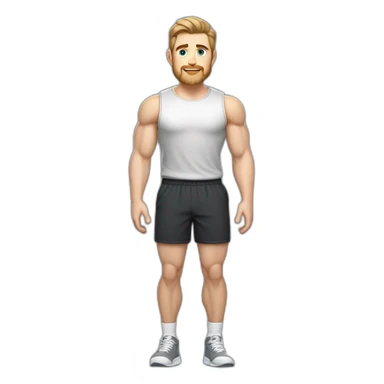 Full height Pale skinned fit man With biceps, Realistic eyes and mouth, light brown hair and stubble In dark gray sleeveless mike, black oversize sports shorts, watch and white sneakers. sticker