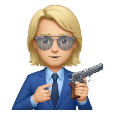 A blond man in a blue suit with a Colt pointing forward. The audience , and long hair and Rayban glasses sticker