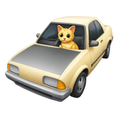 A cartoon emoji-style car with a curious cat peeking out from the open hood of the engine compartment. sticker